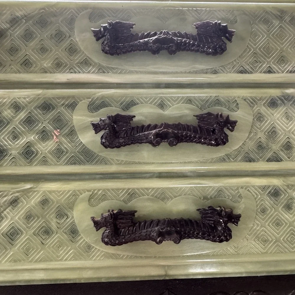 Vintage Faux Jade Chinoiserie Jewelry Box | 3-Drawer‎ Dragon Pulls | Mid Century